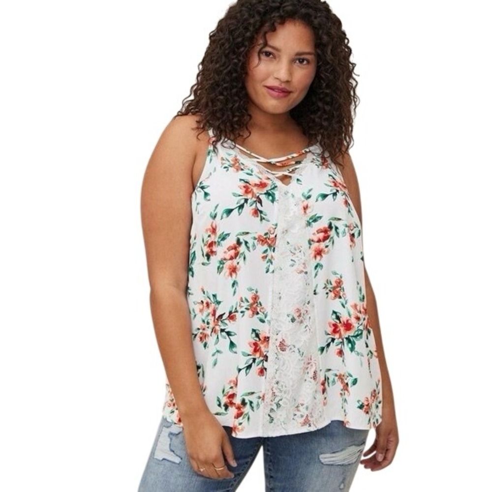 Torrid Georgette White Lace Floral Strappy Cami Adjustable Straps Size XL NEW